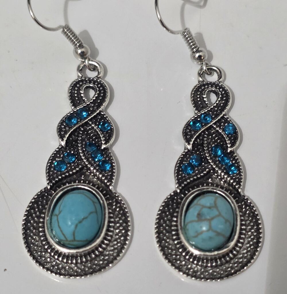 New Silver Tone Dyed Howlite & Aqua Crystal Dangle Drop Earrings 1 1/2"